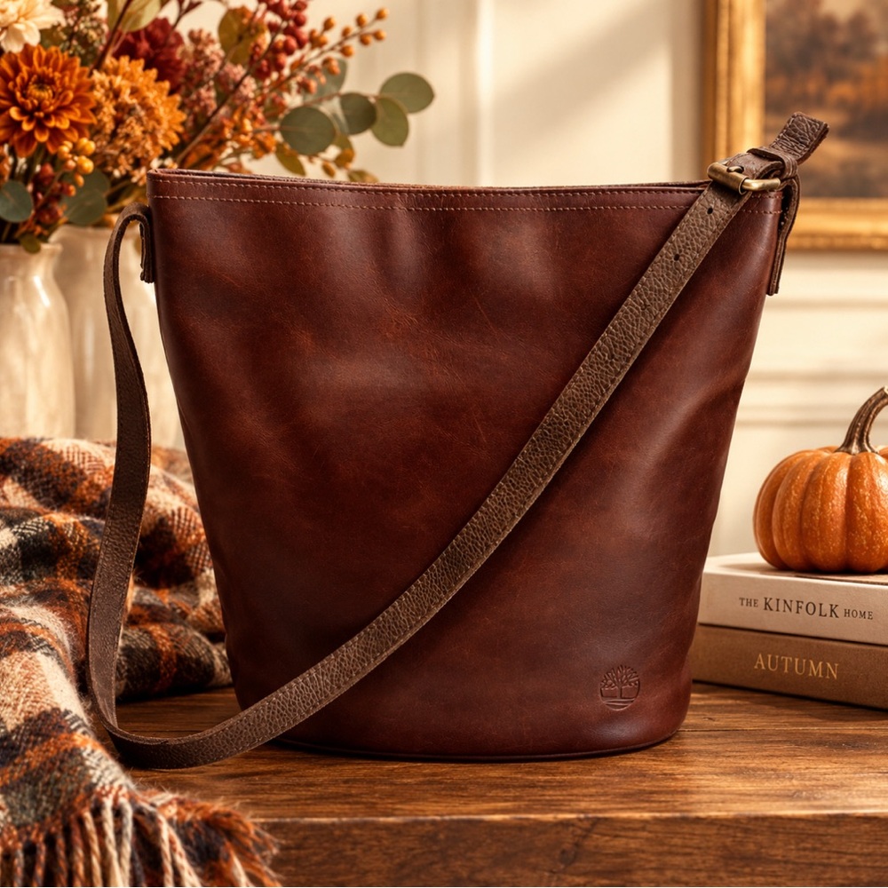 TIMBERLAND Full Grain Leather Bucket Bag Brown Crossbody Shoulder Bag Fall 🍂